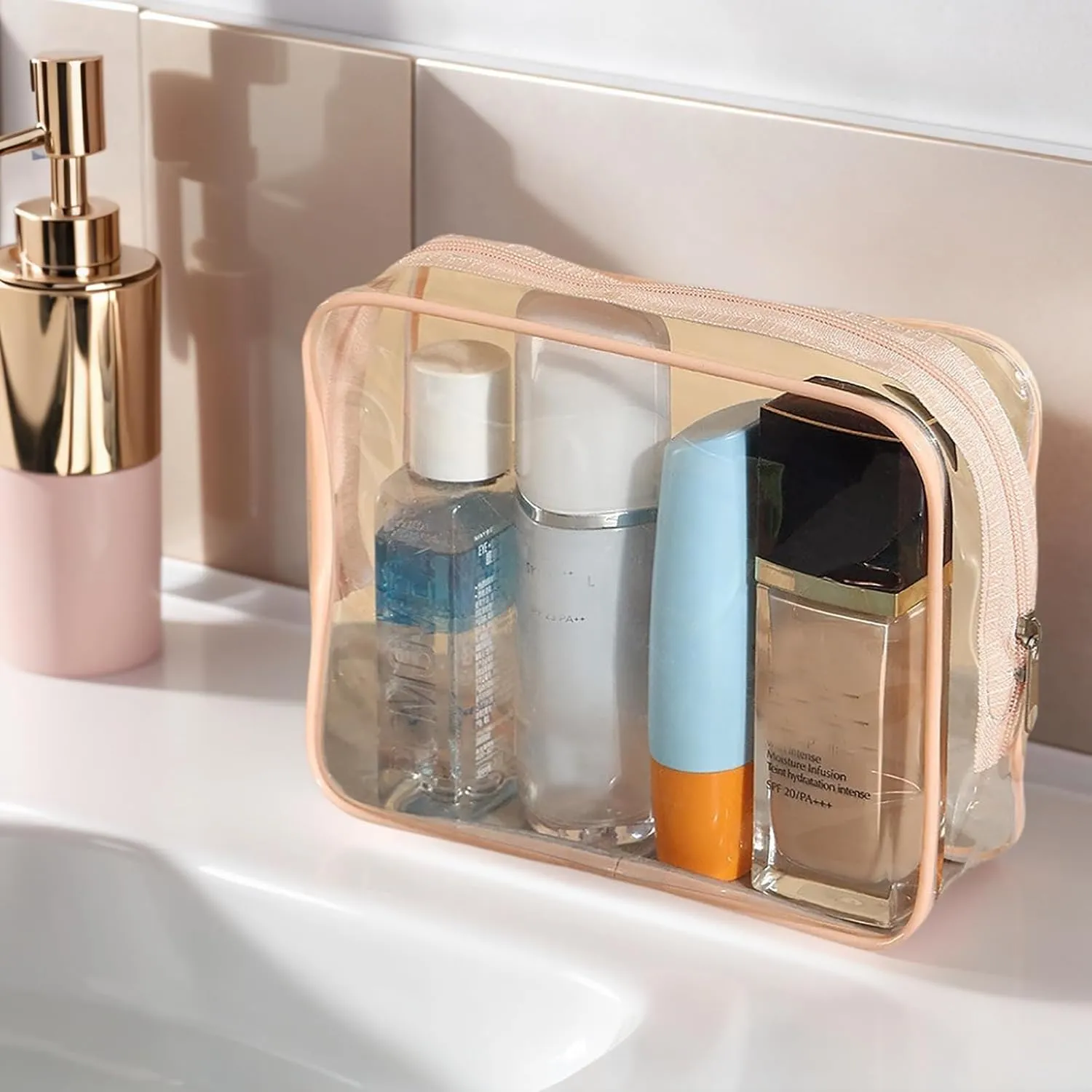 20 Packs Clear Cosmetics Bags for Women Men Waterproof Toiletry Bags PVC Makeup Bags Organizer Case with Zipper for Travel Bathroom (20 Pink Colors)