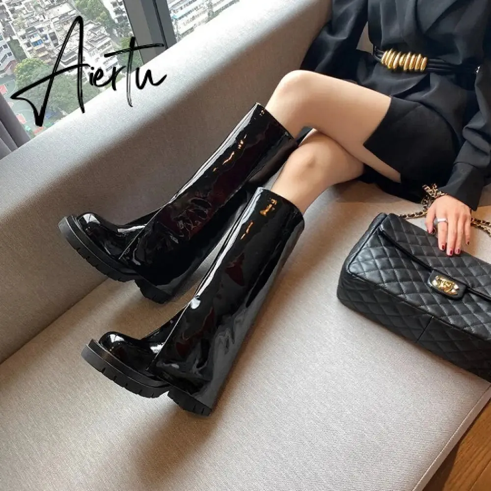 Aiertu Chic Trending Slit Trousers Pattern Kneehigh Boots for Women's Brand Natural Cow Leather Chunky Goth Boots Platform Shoes Ladies
