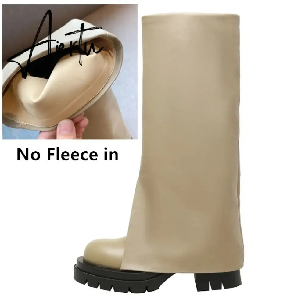 Aiertu Chic Trending Slit Trousers Pattern Kneehigh Boots for Women's Brand Natural Cow Leather Chunky Goth Boots Platform Shoes Ladies