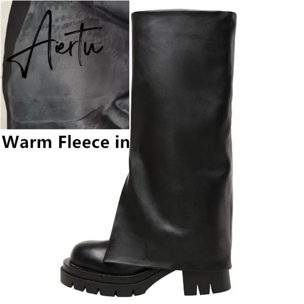 Aiertu Chic Trending Slit Trousers Pattern Kneehigh Boots for Women's Brand Natural Cow Leather Chunky Goth Boots Platform Shoes Ladies