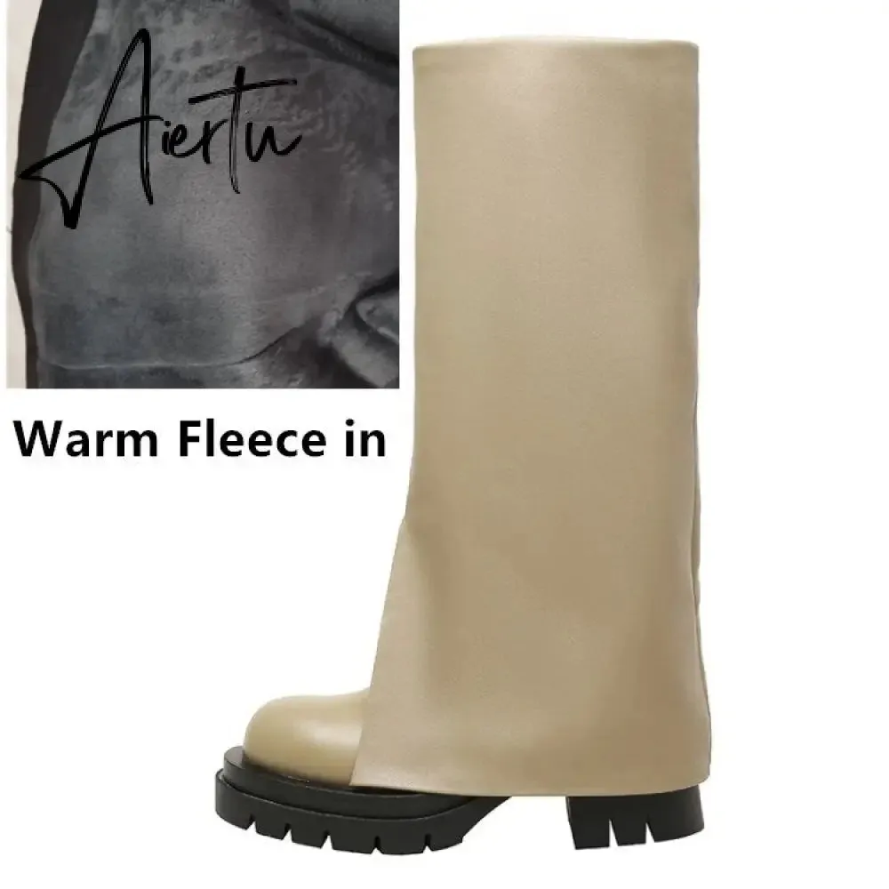 Aiertu Chic Trending Slit Trousers Pattern Kneehigh Boots for Women's Brand Natural Cow Leather Chunky Goth Boots Platform Shoes Ladies