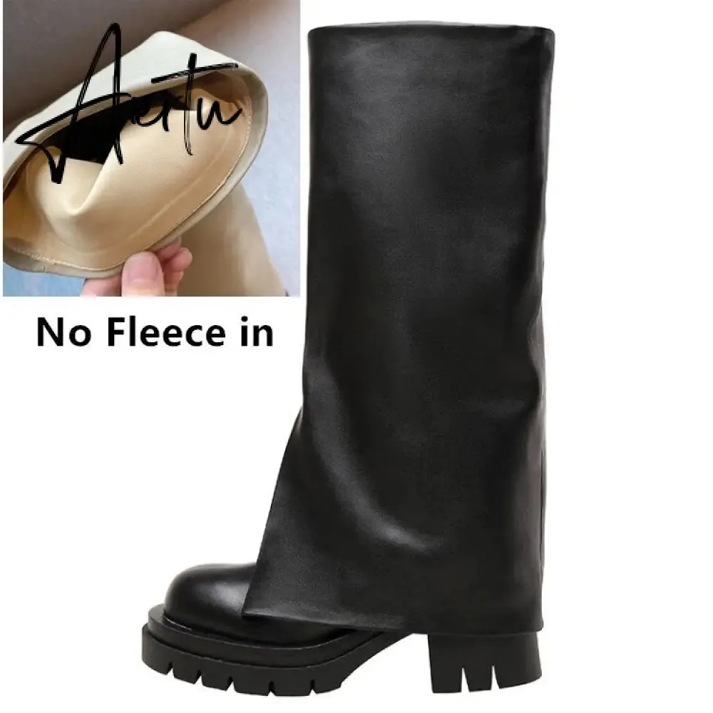 Aiertu Chic Trending Slit Trousers Pattern Kneehigh Boots for Women's Brand Natural Cow Leather Chunky Goth Boots Platform Shoes Ladies