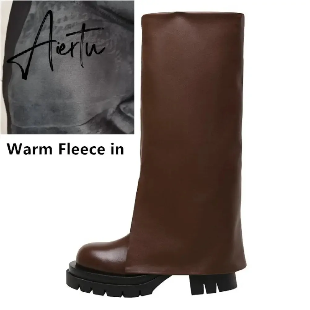 Aiertu Chic Trending Slit Trousers Pattern Kneehigh Boots for Women's Brand Natural Cow Leather Chunky Goth Boots Platform Shoes Ladies