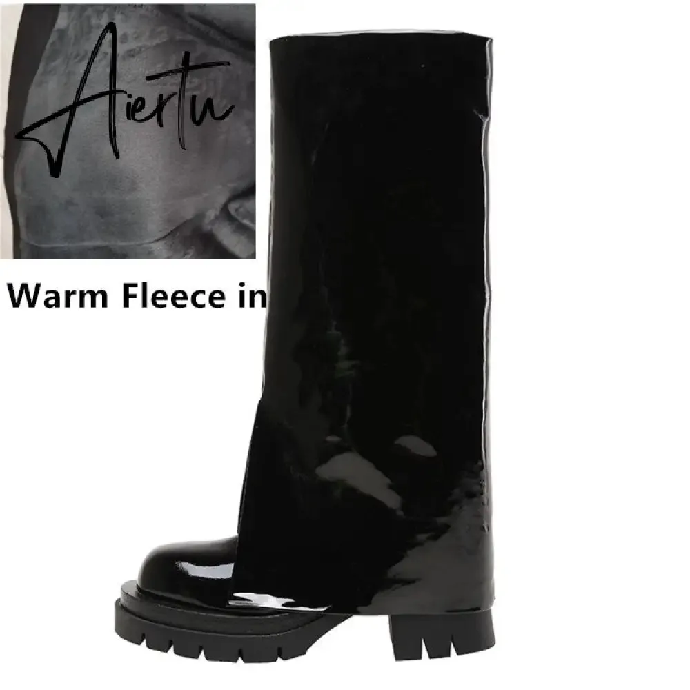 Aiertu Chic Trending Slit Trousers Pattern Kneehigh Boots for Women's Brand Natural Cow Leather Chunky Goth Boots Platform Shoes Ladies