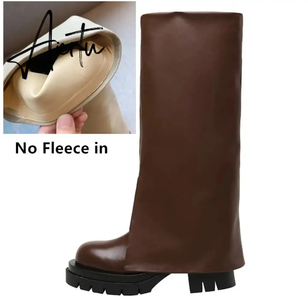 Aiertu Chic Trending Slit Trousers Pattern Kneehigh Boots for Women's Brand Natural Cow Leather Chunky Goth Boots Platform Shoes Ladies