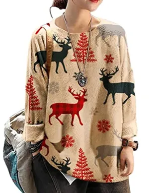 Beige Women Long Sleeve Jumpers Overd Graphic Knitted Sweater Crew Neck Loose Pullover Sweater Tops - Yesno