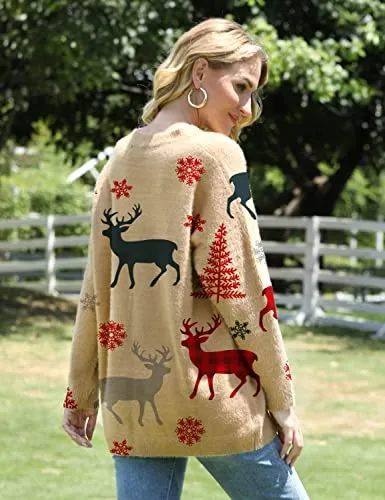 Beige Women Long Sleeve Jumpers Overd Graphic Knitted Sweater Crew Neck Loose Pullover Sweater Tops - Yesno