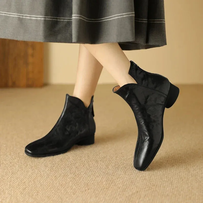 binfenxie NEW Autumn Women Boots Gnueine Leather Shoes for Women Square Toe Chunky Heel Shoes Black Zip Ankle Boots Handmade Western Boots