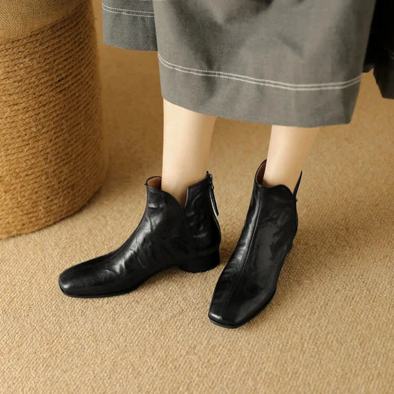 binfenxie NEW Autumn Women Boots Gnueine Leather Shoes for Women Square Toe Chunky Heel Shoes Black Zip Ankle Boots Handmade Western Boots