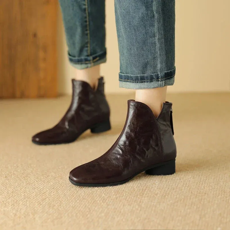 binfenxie NEW Autumn Women Boots Gnueine Leather Shoes for Women Square Toe Chunky Heel Shoes Black Zip Ankle Boots Handmade Western Boots
