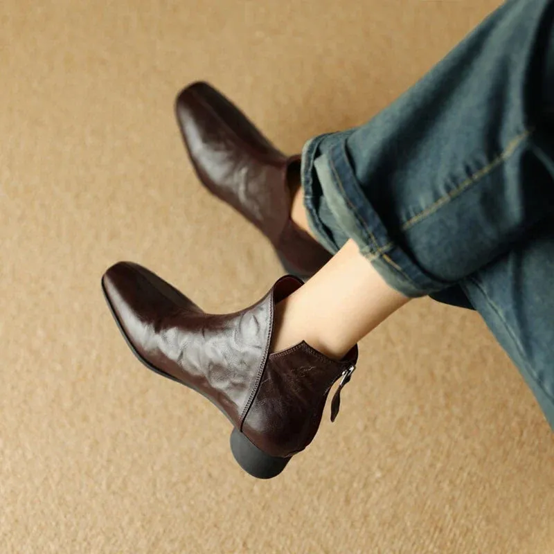 binfenxie NEW Autumn Women Boots Gnueine Leather Shoes for Women Square Toe Chunky Heel Shoes Black Zip Ankle Boots Handmade Western Boots