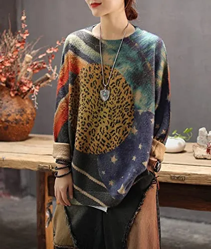 Black Women Long Sleeve Jumpers Overd Graphic Knitted Sweater Crew Neck Loose Pullover Sweater Tops - Yesno