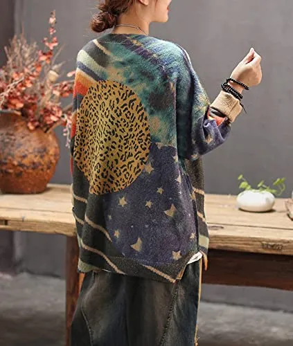Black Women Long Sleeve Jumpers Overd Graphic Knitted Sweater Crew Neck Loose Pullover Sweater Tops - Yesno