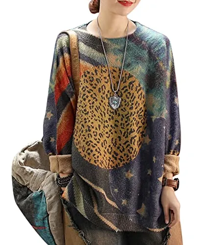 Black Women Long Sleeve Jumpers Overd Graphic Knitted Sweater Crew Neck Loose Pullover Sweater Tops - Yesno