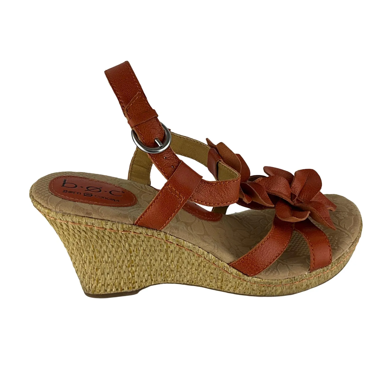 B.O.C Women's Platform Sandals Orange Leather Wedge Flower Sz 10 Pre-Owned