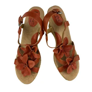 B.O.C Women's Platform Sandals Orange Leather Wedge Flower Sz 10 Pre-Owned