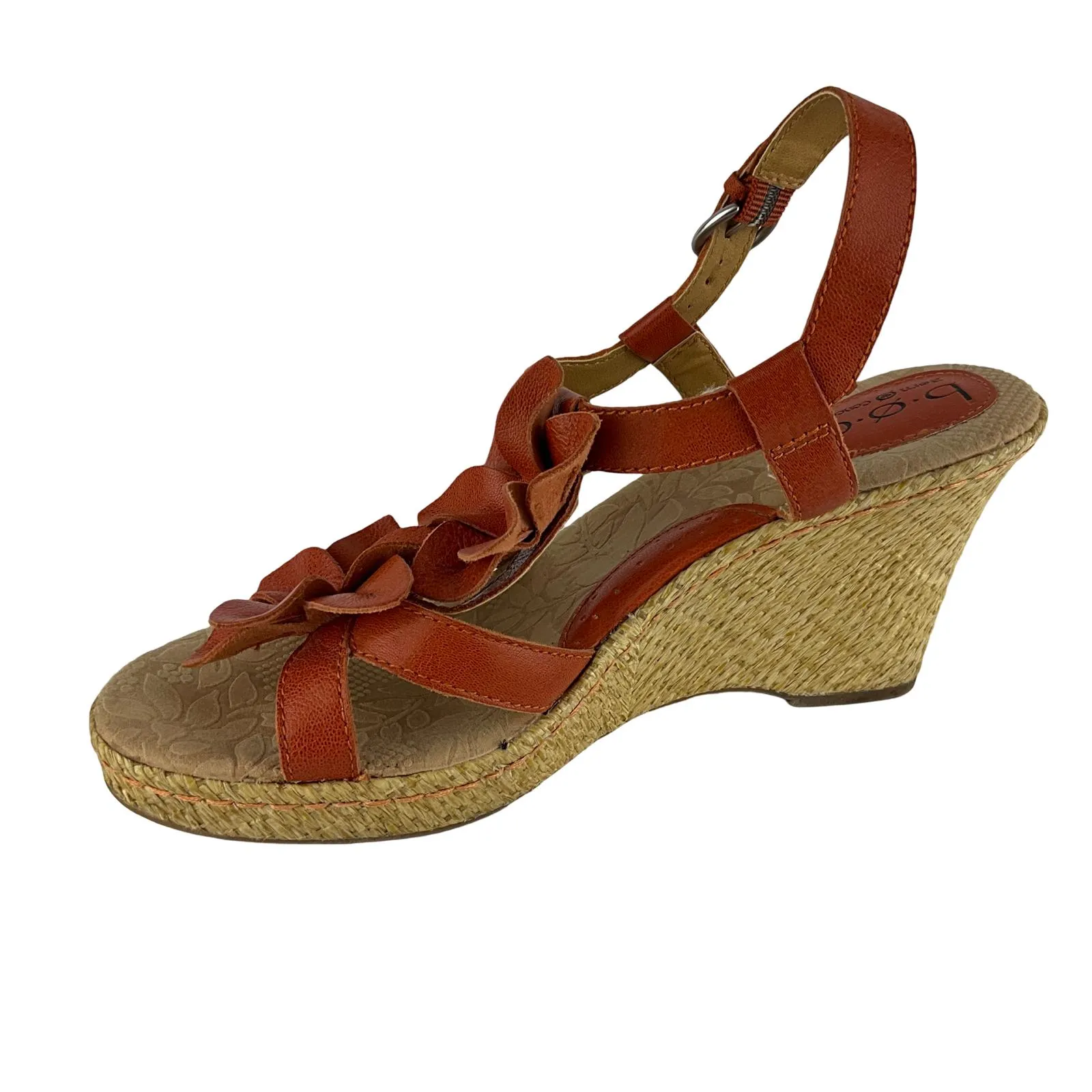 B.O.C Women's Platform Sandals Orange Leather Wedge Flower Sz 10 Pre-Owned
