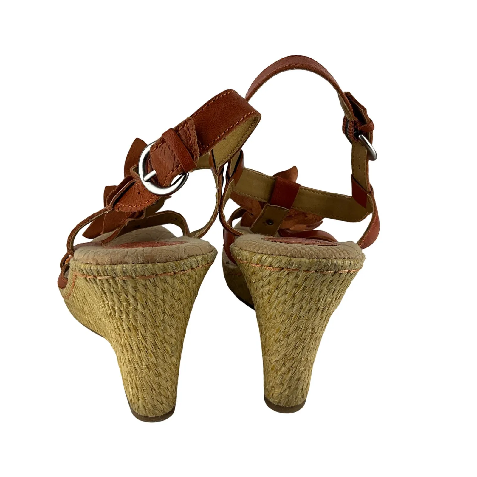 B.O.C Women's Platform Sandals Orange Leather Wedge Flower Sz 10 Pre-Owned