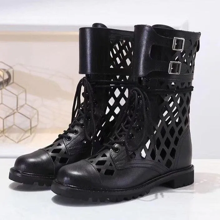 Chic hollowing out style Ankle Boots Women genuine leather runway shoes femme comfy flat heel Chelsea boots cross lace up mujer