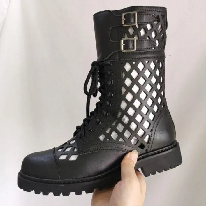 Chic hollowing out style Ankle Boots Women genuine leather runway shoes femme comfy flat heel Chelsea boots cross lace up mujer
