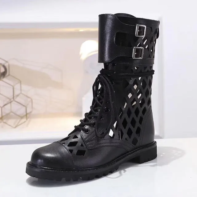 Chic hollowing out style Ankle Boots Women genuine leather runway shoes femme comfy flat heel Chelsea boots cross lace up mujer