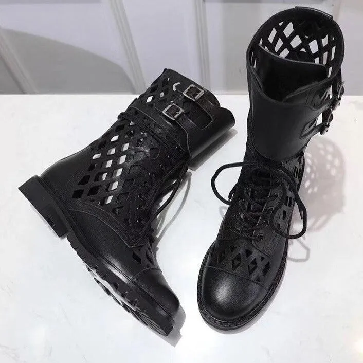 Chic hollowing out style Ankle Boots Women genuine leather runway shoes femme comfy flat heel Chelsea boots cross lace up mujer