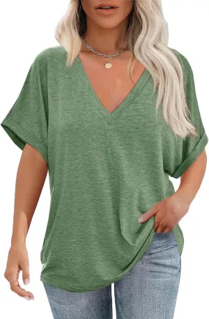 Cicy Bell Womens Summer Oversized T-Shirts V Neck Rolled Short Sleeve Casual Tops Loose Fit Tunic Tees