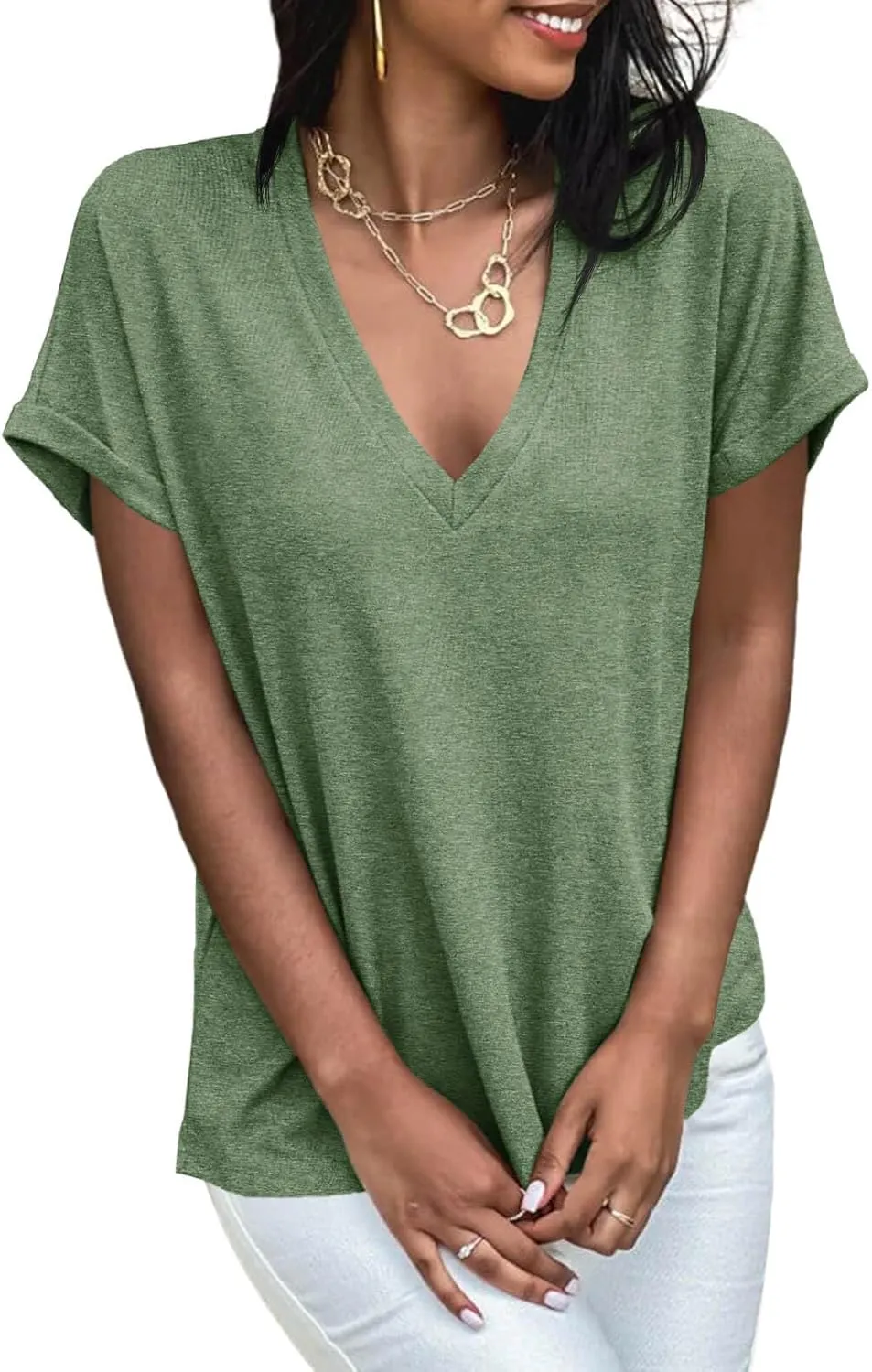 Cicy Bell Womens Summer Oversized T-Shirts V Neck Rolled Short Sleeve Casual Tops Loose Fit Tunic Tees