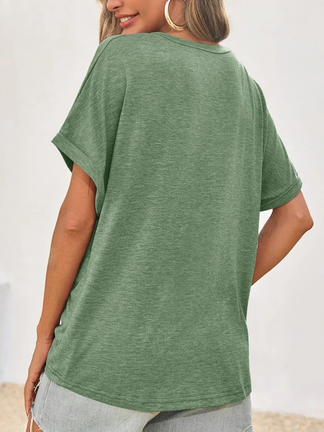 Cicy Bell Womens Summer Oversized T-Shirts V Neck Rolled Short Sleeve Casual Tops Loose Fit Tunic Tees
