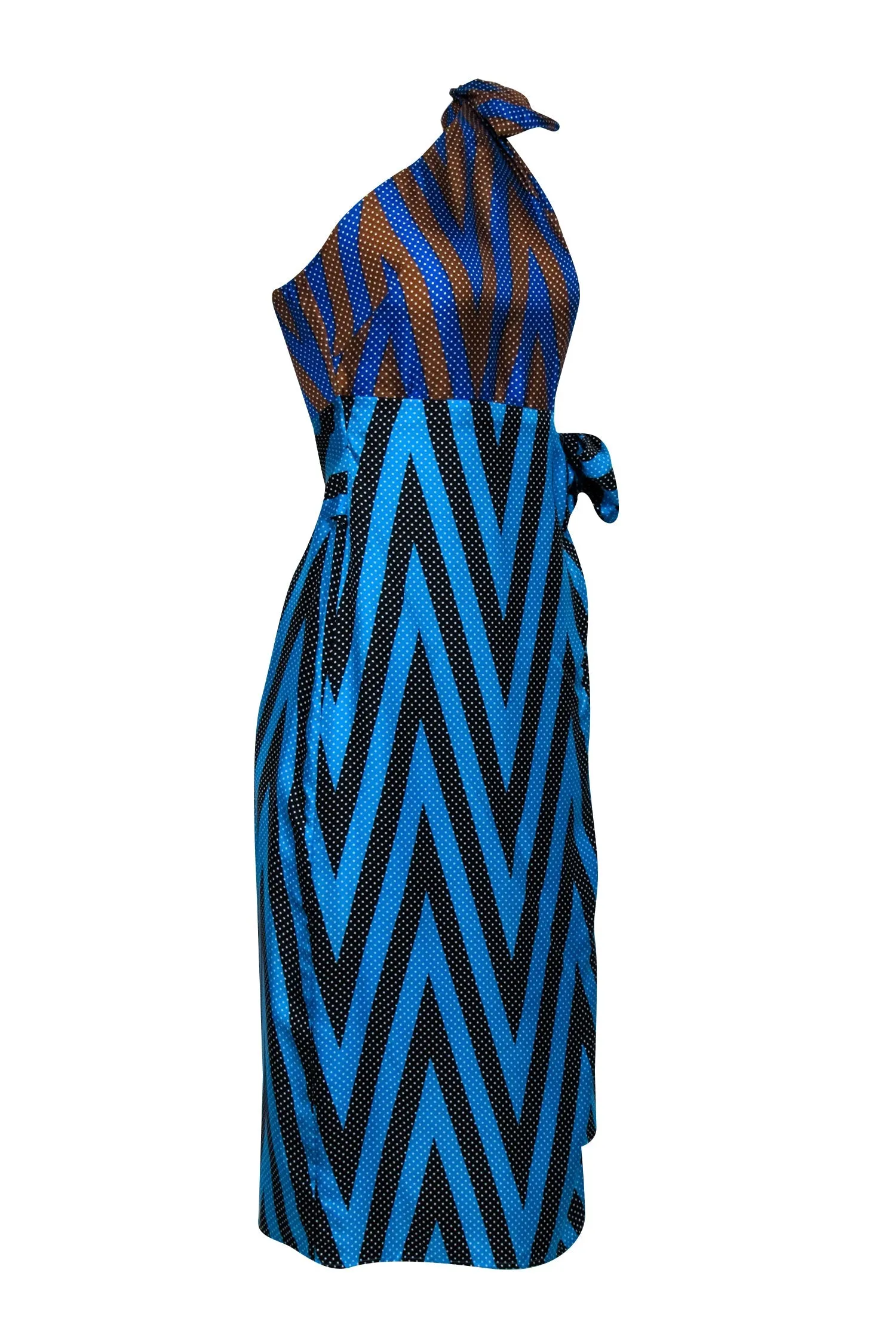 Diane von Furstenberg - Teal, Blue, Black, & Tan Polka Dot Print One Shoulder Dress Sz 8