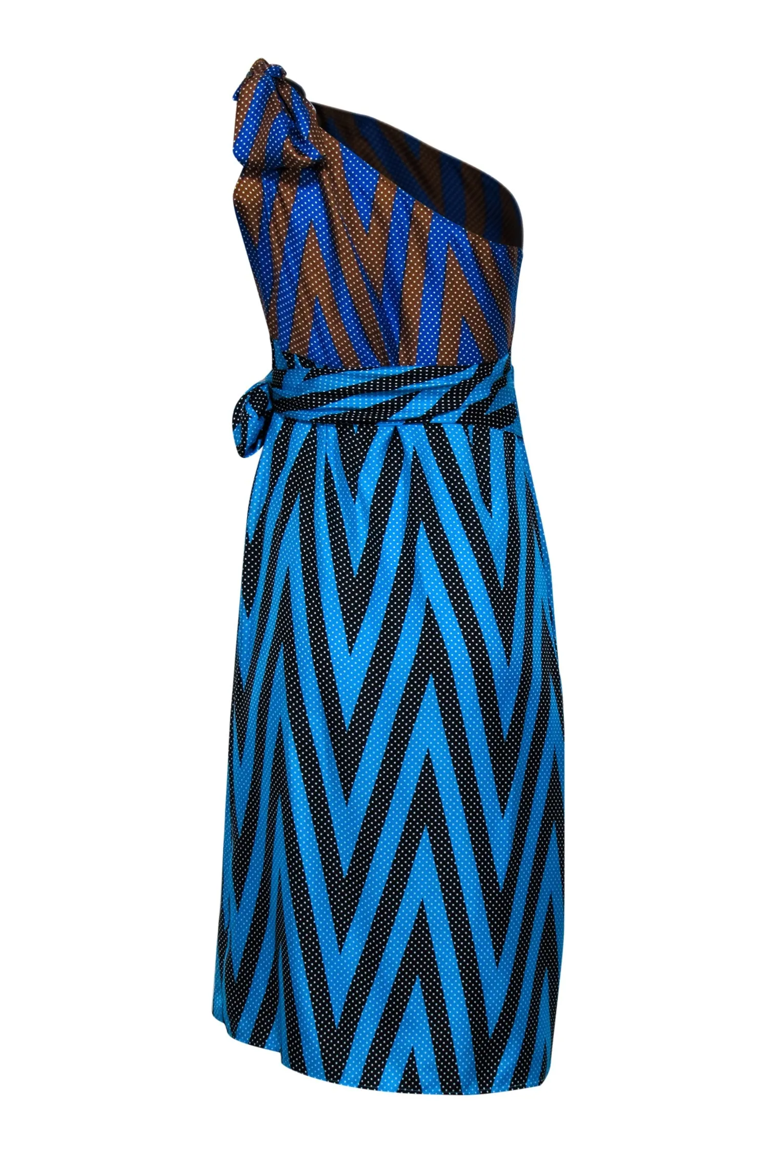 Diane von Furstenberg - Teal, Blue, Black, & Tan Polka Dot Print One Shoulder Dress Sz 8