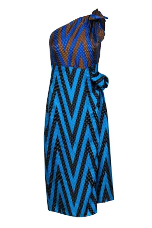 Diane von Furstenberg - Teal, Blue, Black, & Tan Polka Dot Print One Shoulder Dress Sz 8