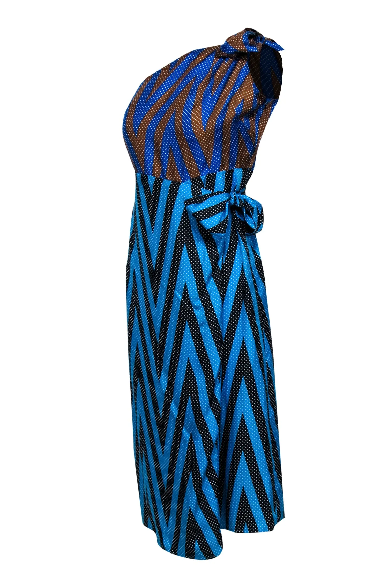 Diane von Furstenberg - Teal, Blue, Black, & Tan Polka Dot Print One Shoulder Dress Sz 8