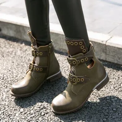 Fashion Mixed Color Women Short Boots Low Heel Hollow Shoes Metal Ring Belt Buckle Chealsea Boots Zapatos Mujer