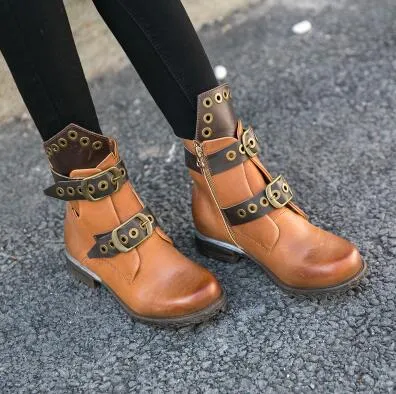 Fashion Mixed Color Women Short Boots Low Heel Hollow Shoes Metal Ring Belt Buckle Chealsea Boots Zapatos Mujer