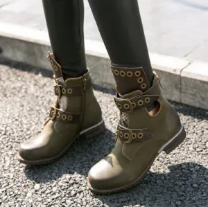 Fashion Mixed Color Women Short Boots Low Heel Hollow Shoes Metal Ring Belt Buckle Chealsea Boots Zapatos Mujer