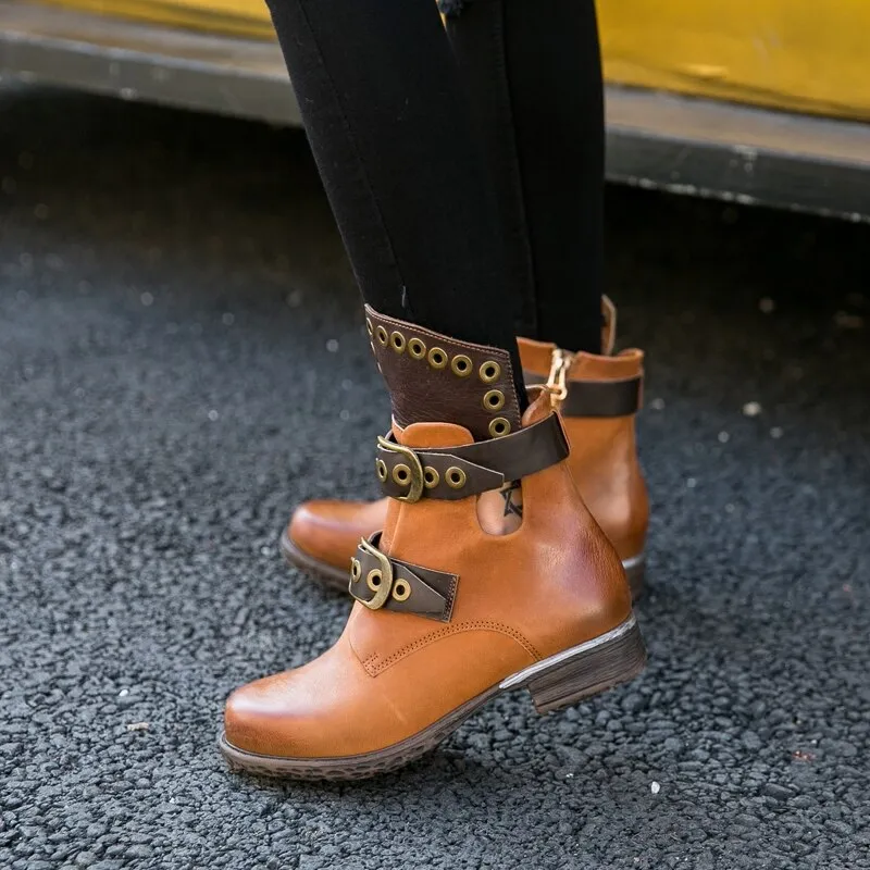 Fashion Mixed Color Women Short Boots Low Heel Hollow Shoes Metal Ring Belt Buckle Chealsea Boots Zapatos Mujer