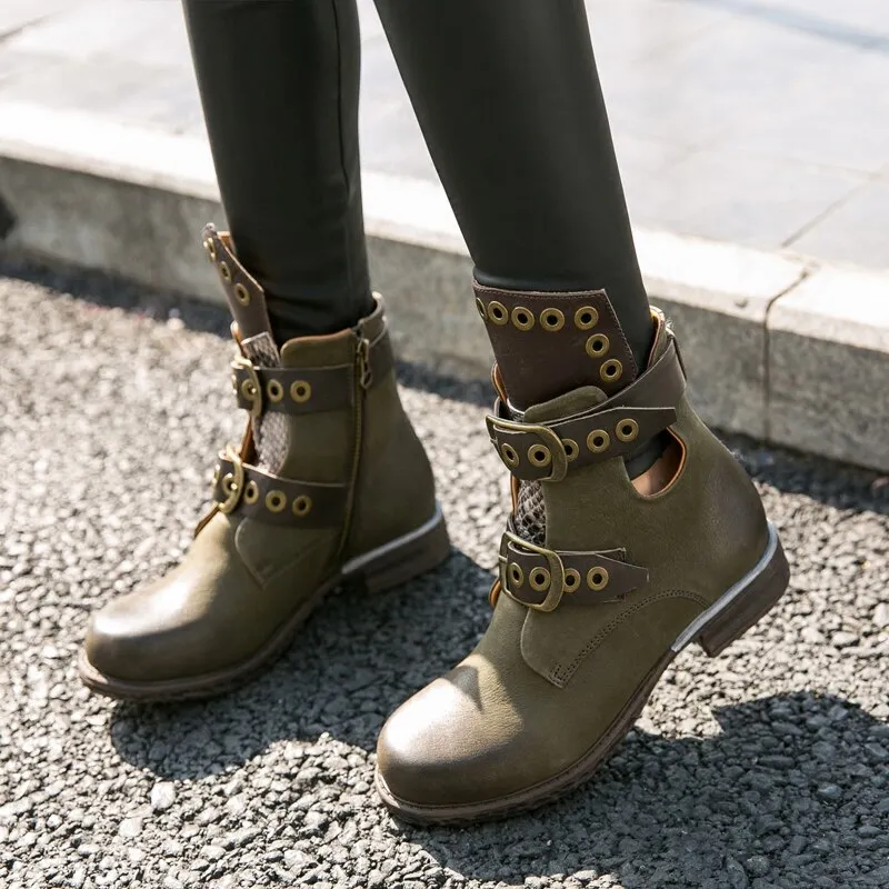 Fashion Mixed Color Women Short Boots Low Heel Hollow Shoes Metal Ring Belt Buckle Chealsea Boots Zapatos Mujer
