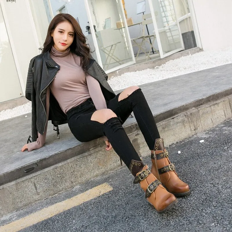 Fashion Mixed Color Women Short Boots Low Heel Hollow Shoes Metal Ring Belt Buckle Chealsea Boots Zapatos Mujer