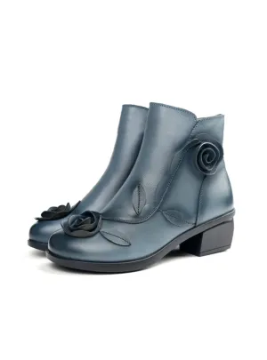 Flower Square Heels Round Toe Leather Women Boots