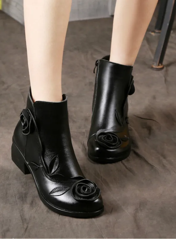Flower Square Heels Round Toe Leather Women Boots