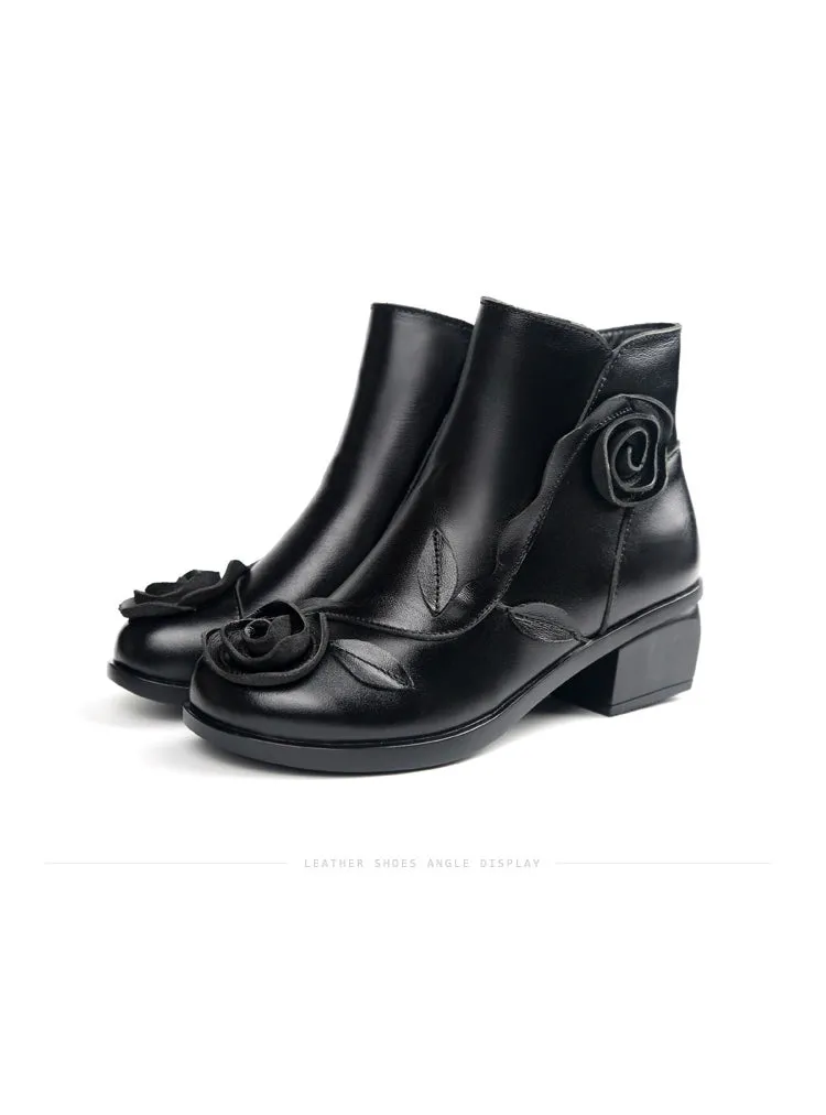 Flower Square Heels Round Toe Leather Women Boots