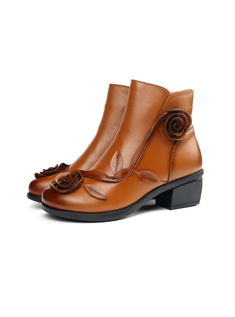 Flower Square Heels Round Toe Leather Women Boots