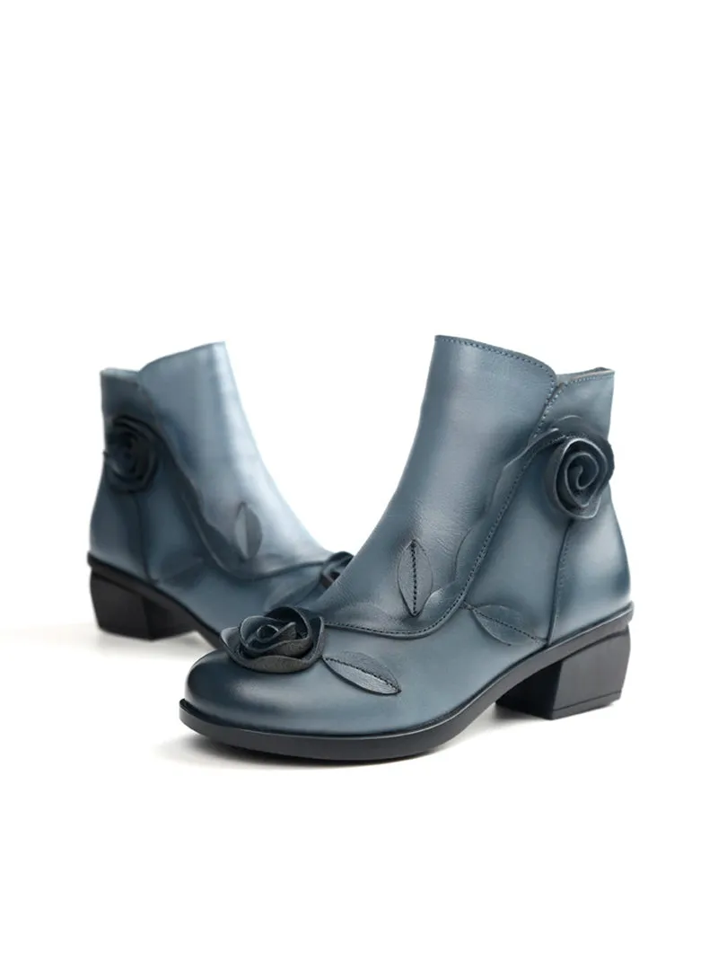 Flower Square Heels Round Toe Leather Women Boots