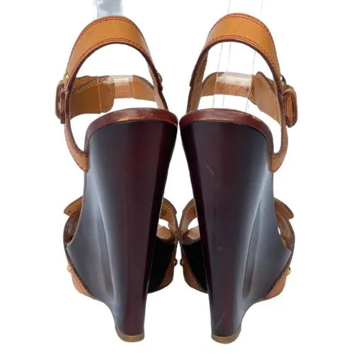 GIUSEPPE ZANOTTI Brown Leather, Wooden Heel, Gold Buckle Wedge Sandals , Size 39