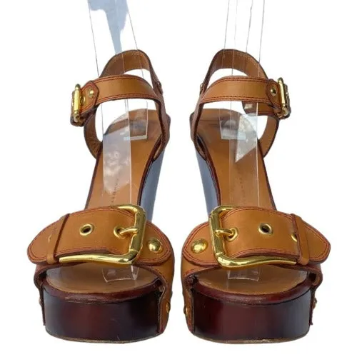 GIUSEPPE ZANOTTI Brown Leather, Wooden Heel, Gold Buckle Wedge Sandals , Size 39