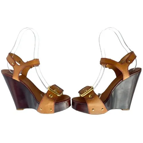 GIUSEPPE ZANOTTI Brown Leather, Wooden Heel, Gold Buckle Wedge Sandals , Size 39
