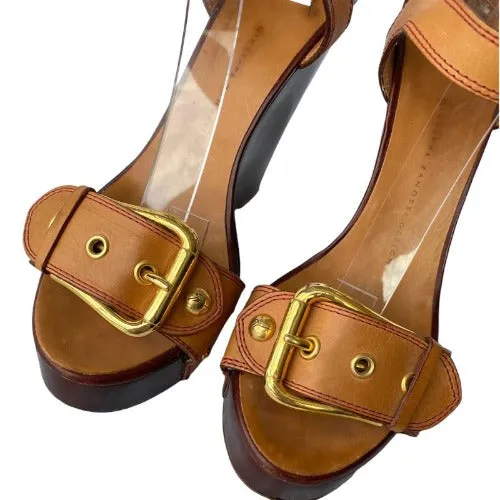GIUSEPPE ZANOTTI Brown Leather, Wooden Heel, Gold Buckle Wedge Sandals , Size 39
