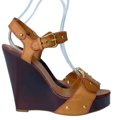 GIUSEPPE ZANOTTI Brown Leather, Wooden Heel, Gold Buckle Wedge Sandals , Size 39