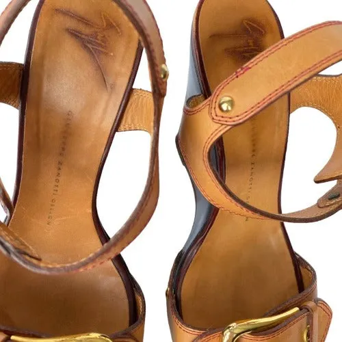 GIUSEPPE ZANOTTI Brown Leather, Wooden Heel, Gold Buckle Wedge Sandals , Size 39